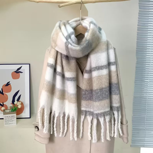 1 Women's khaki striped warm scarf, made of soft fabric, windproof and thick winter accessories, versatile for casual wear, suitable for cold weather outings, travel, and work, with multiple functions to prevent cold