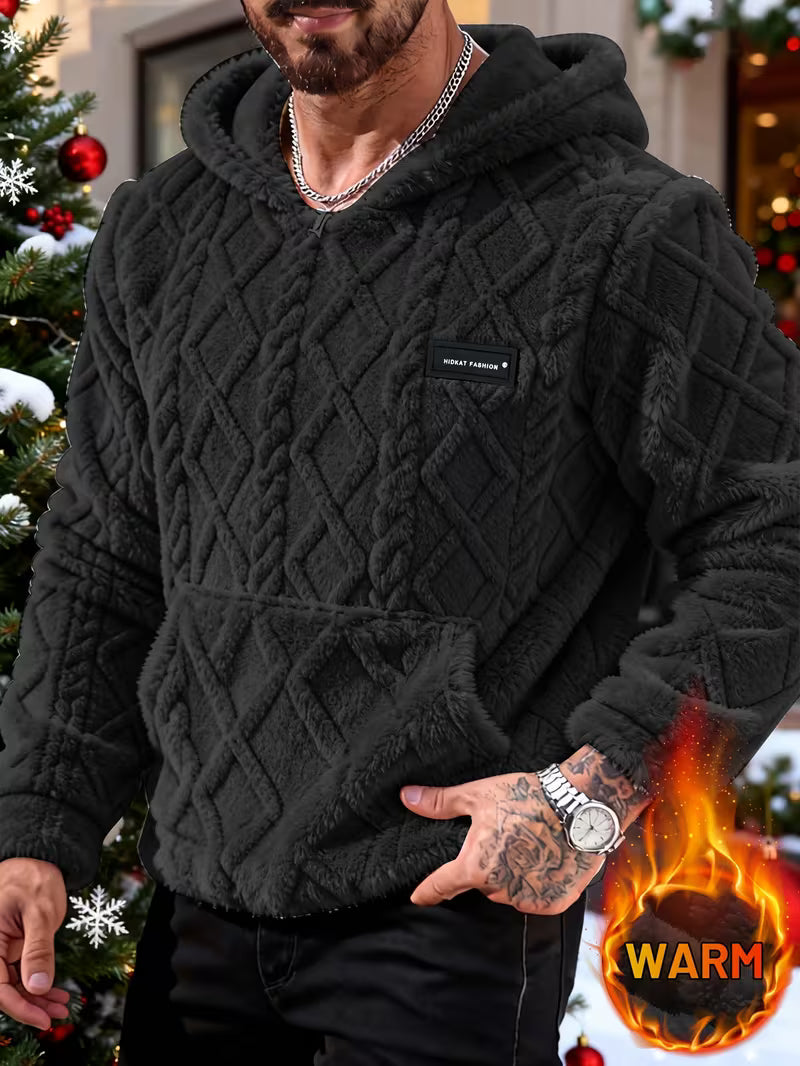 Men's Plush Jacquard Fleece Hooded Sweatshirt | Casual Loose Fit Long Sleeve with Pocket Ideal for Daily Wear by HIDKAT