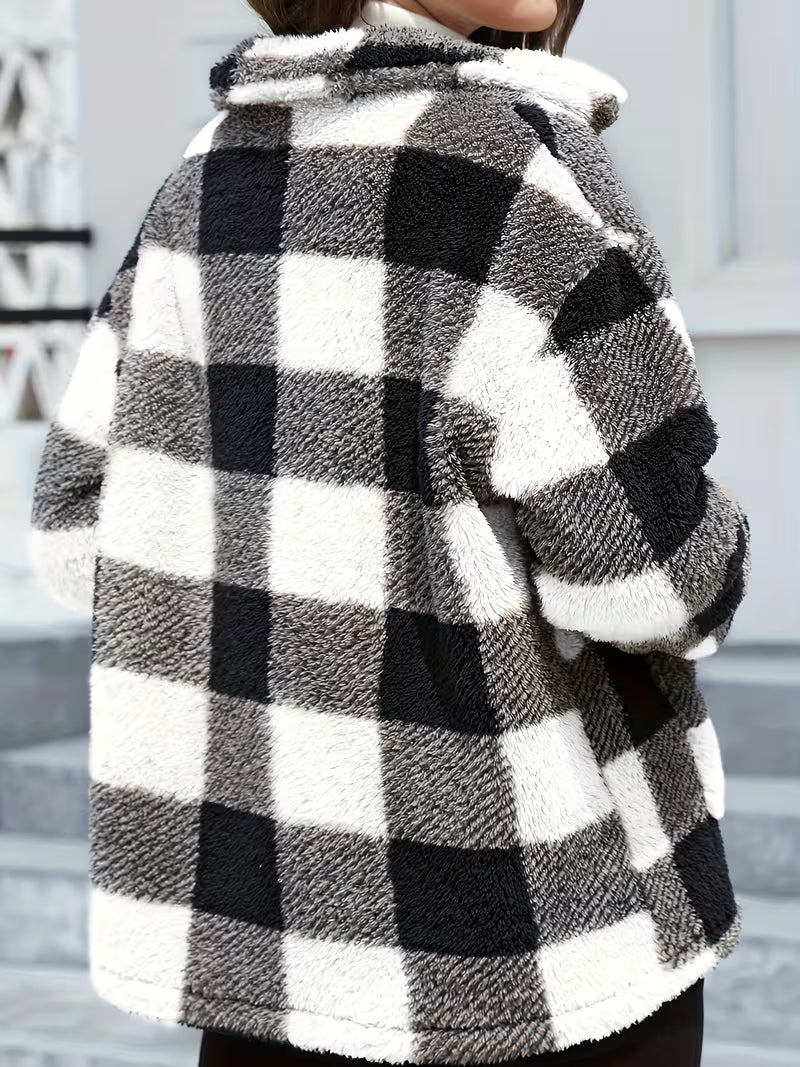 Plaid Print Patched Pockets Teddy Coat, Versatile Long Sleeve Single Breasted Winter Outwear, Women's Clothing