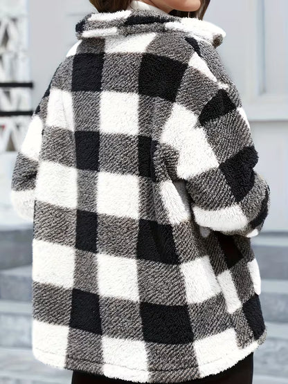 Plaid Print Patched Pockets Teddy Coat, Versatile Long Sleeve Single Breasted Winter Outwear, Women's Clothing