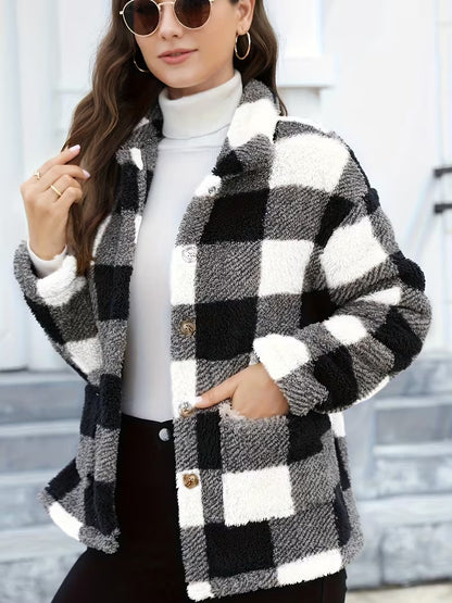 Plaid Print Patched Pockets Teddy Coat, Versatile Long Sleeve Single Breasted Winter Outwear, Women's Clothing