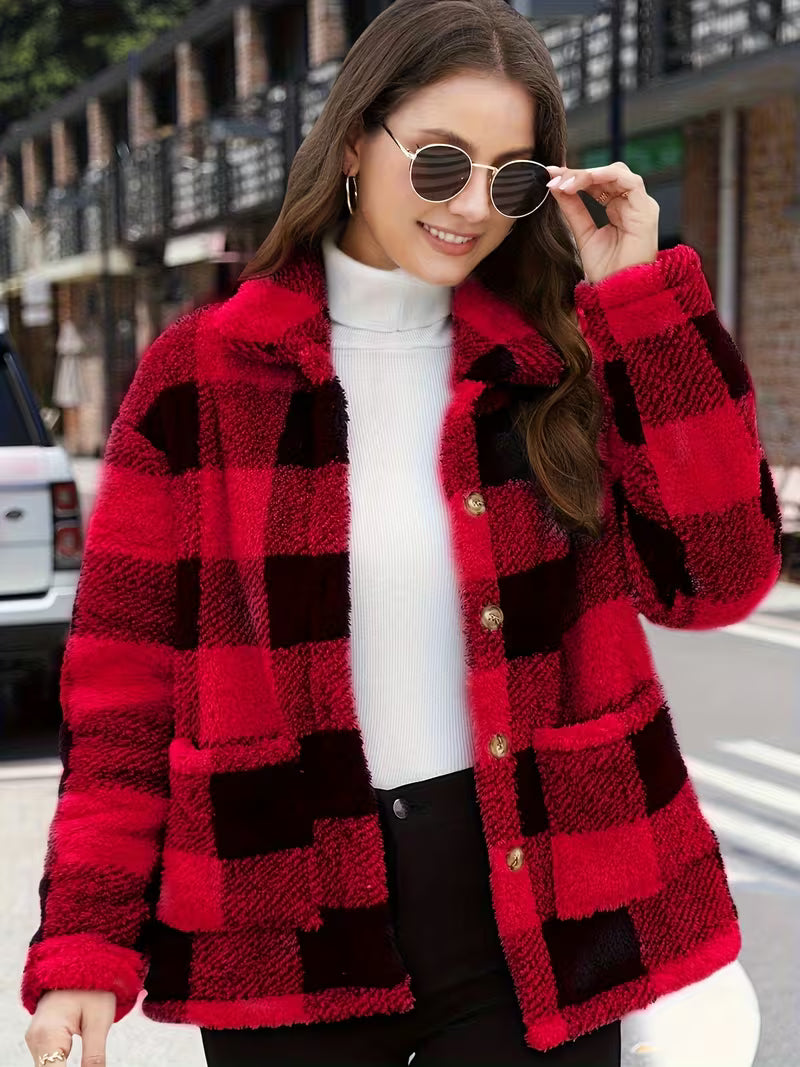 Plaid Print Patched Pockets Teddy Coat, Versatile Long Sleeve Single Breasted Winter Outwear, Women's Clothing