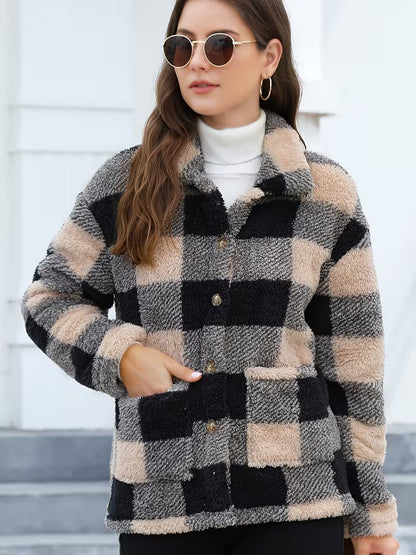Plaid Print Patched Pockets Teddy Coat, Versatile Long Sleeve Single Breasted Winter Outwear, Women's Clothing