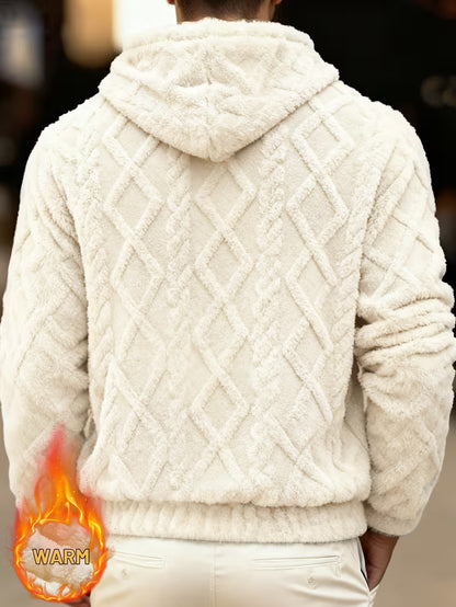 Men's Plush Jacquard Fleece Hooded Sweatshirt | Casual Loose Fit Long Sleeve with Pocket Ideal for Daily Wear by HIDKAT