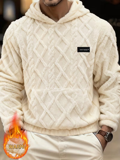 Men's Plush Jacquard Fleece Hooded Sweatshirt | Casual Loose Fit Long Sleeve with Pocket Ideal for Daily Wear by HIDKAT