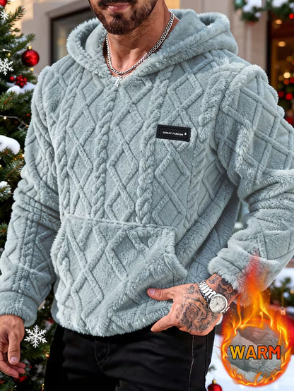 Men's Plush Jacquard Fleece Hooded Sweatshirt | Casual Loose Fit Long Sleeve with Pocket Ideal for Daily Wear by HIDKAT