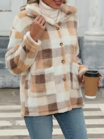 Plaid Print Patched Pockets Teddy Coat, Versatile Long Sleeve Single Breasted Winter Outwear, Women's Clothing